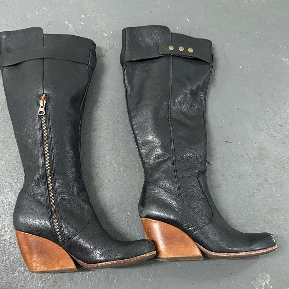 Kork-Ease Black Leather Heeled Boots with Brown Accents